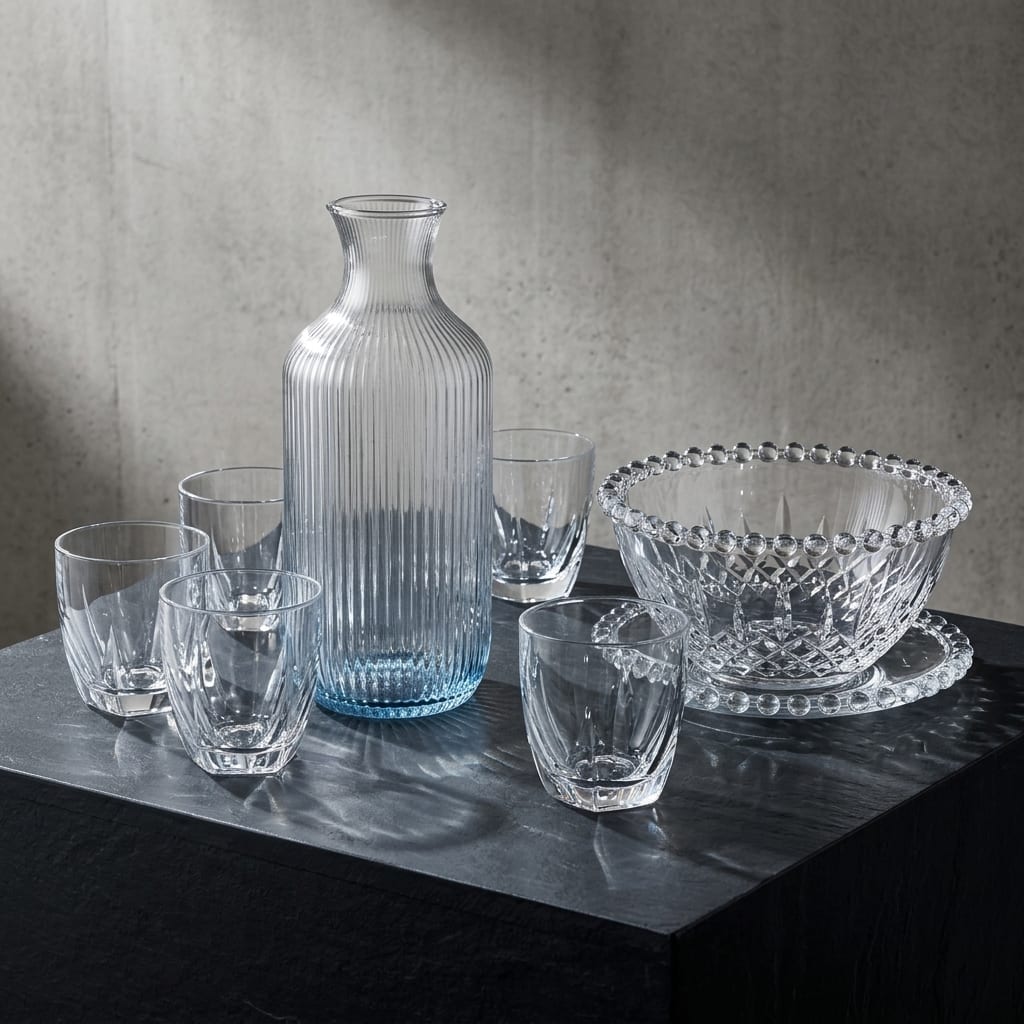 Mansoura Glass decanters, bowls, and glassware highlighting manufacturing precision and curves