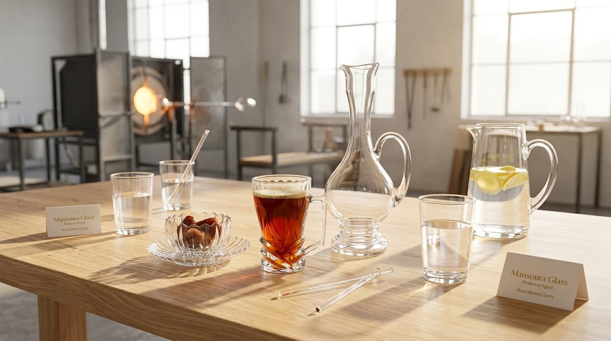 Mansoura Glass artisanal glassware arranged in warm natural studio light